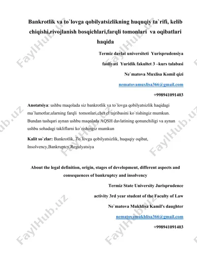bankrotlik va to`lovga qobilyatsizlikning huquqiy ta`rifi — DOCX
