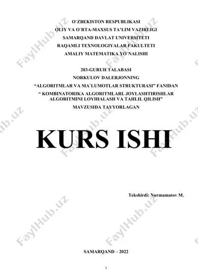 "algoritmlar va ma`lumotlar strukturasi" kurs ishi — DOCX