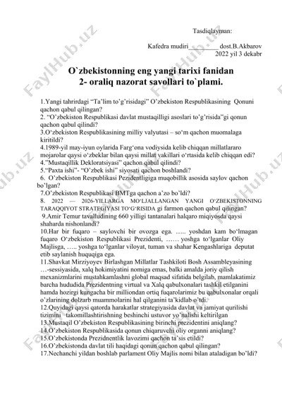 o'zbekistonning eng yangi tarixi fanidan 2-oraliq nazorat savollari to`plami — DOCX