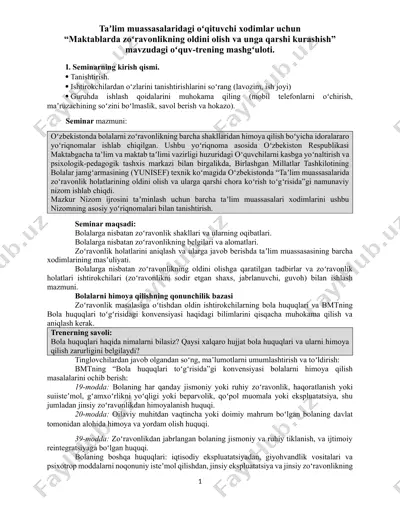 seminar "maktablarda zoʻravonlikning oldini olish va unga qarshi kurashish" — DOCX