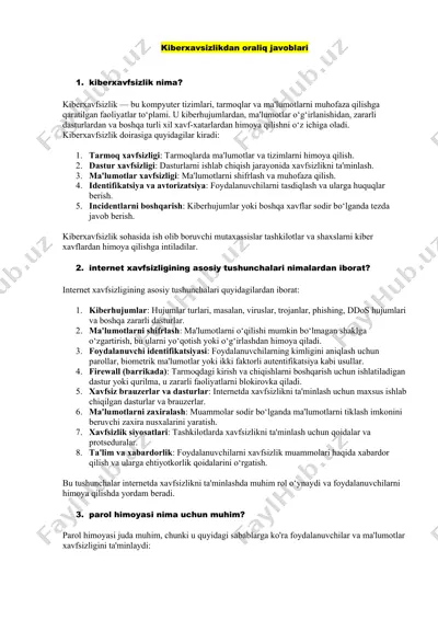 kiberxavfsizlikdan oraliq javoblari — DOCX