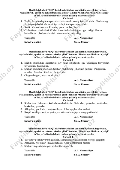shaharqurilishi va xo‘jaligi bo‘yicha nazorat savollari — DOCX
