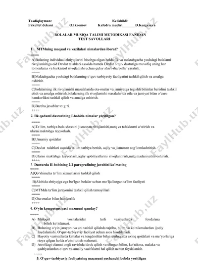 bolalar musiqa talimi metodikasi fanidan test savollari — DOCX