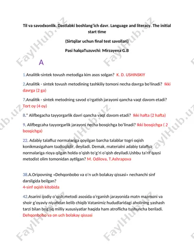til va savodxonlik. dastlabki boshlang’ich davr — DOCX
