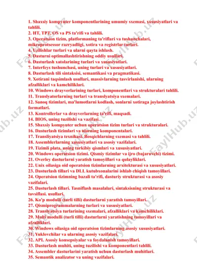 shaxsiy kompyuter komponentlarining umumiy sxemasi, xususiyatlari va tahlili — DOCX