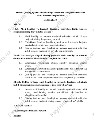 qishloq joylarida aholi bandligi va turmush darajasini oshirishda kichik biznesni rivojlantirish — DOCX