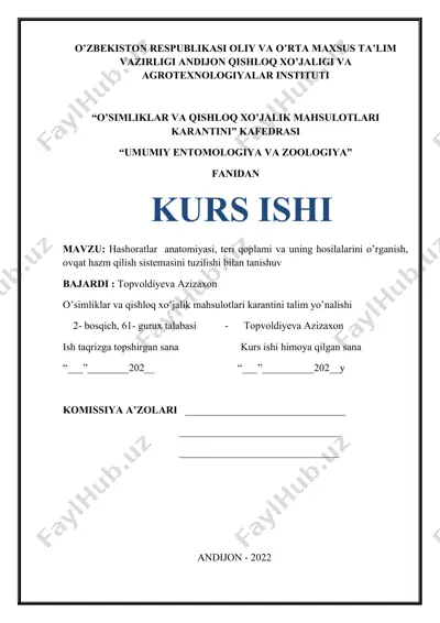 hashoratlar anatomiyasi, teri qoplami va uning hosilalarini o’rganish, ovqat hazm qilish sistemasini tuzilishi bilan tanishuv — DOCX