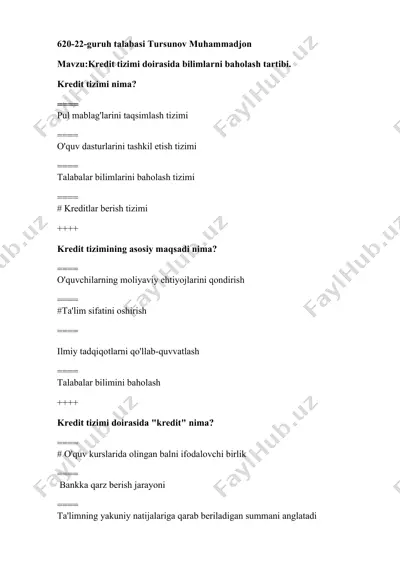 kredit tizimi doirasida bilimlarni baholash tartibi — DOCX