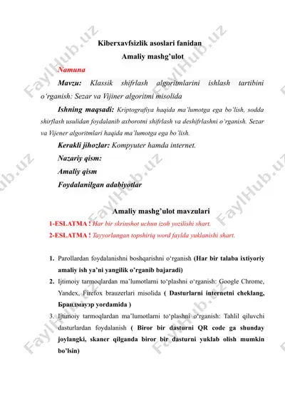 klassik shifrlash algoritmlarini ishlash tartibi — DOCX