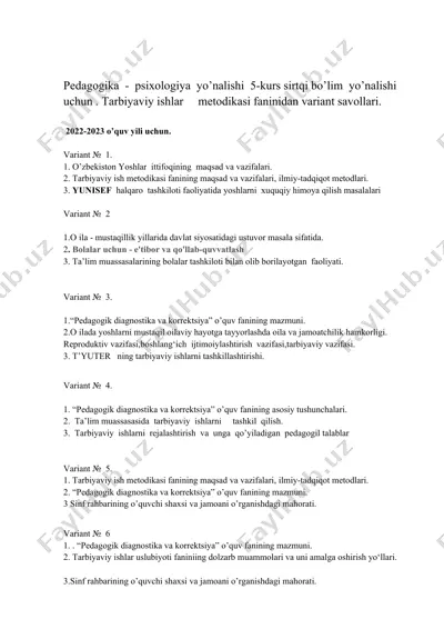 pedagogika - psixologiya - 5-kurs sirtqi bo’lim - tarbiyaviy ishlar metodikasi fanidan variant savollari — DOCX