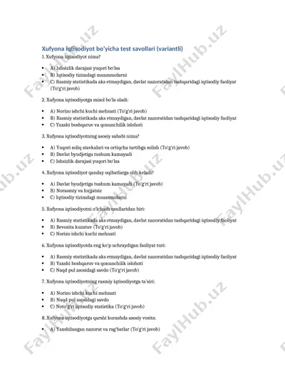 xufyona iqtisodiyot bo‘yicha test savollari (variantli) — DOCX