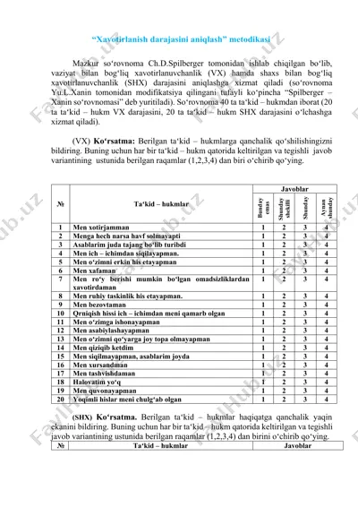 “xavotirlanish darajasini aniqlash” metodikasi — DOCX