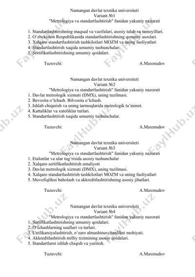 metrologiya va standartlashtirish fanidan yakuniy nazorati — DOCX
