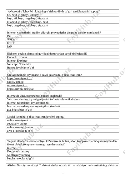 axborotni o‘lchov birliklarining o‘sish tartibida to‘g‘ri tartiblanganini toping? — DOCX