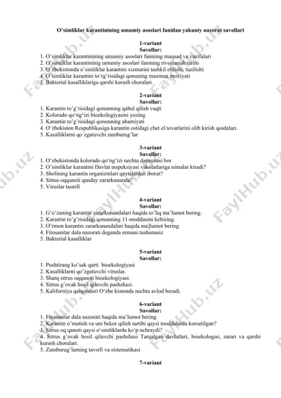 o’simliklar karantinining umumiy asoslari fanidan yakuniy nazorat savollari — DOCX
