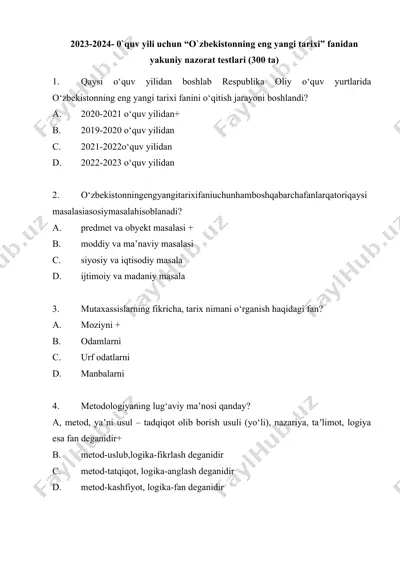 2023-2024- 0`quv yili uchun “o`zbekistonning eng yangi tarixi” fanidan yakuniy nazorat testlari (300 ta) — DOCX