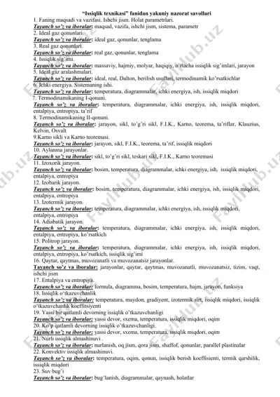 issiqlik texnikasi fanidan yakuniy nazorat savollari — DOCX