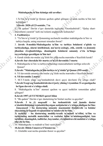 maktabgacha ta'lim tizimiga oid savollar — DOCX