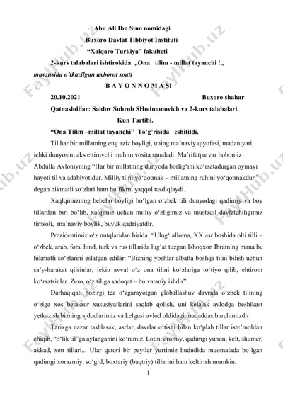 "ona tilim - millat tayanchi" bayonnomasi — DOCX
