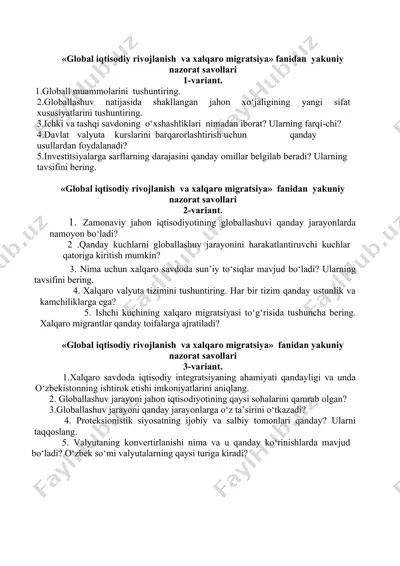 global iqtisodiy rivojlanish va xalqaro migratsiya fanidan yakuniy nazorat savollari — DOCX