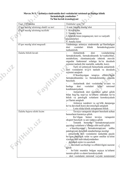 aritmiya sindromida dori vositalarini ratsional qo‘llashga klinik farmakologik yondashuv — DOCX