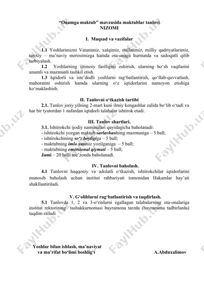 onamga maktub mavzusida maktublar tanlovi — DOCX