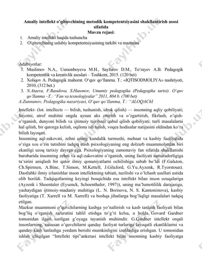 amaliy intellekt o'qituvchining metodik kompetentsiyasini shakllantirish asosi sifatida — DOCX