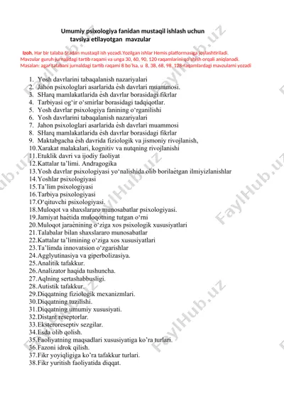 mustaqil ishlash uchun psixologiya mavzulari — DOCX