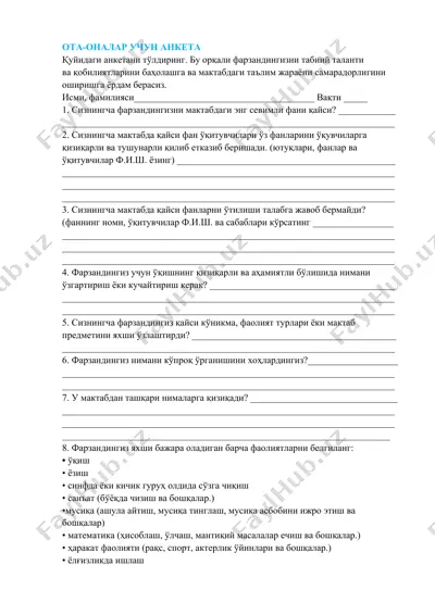 ota-onalar uchun anket — DOCX