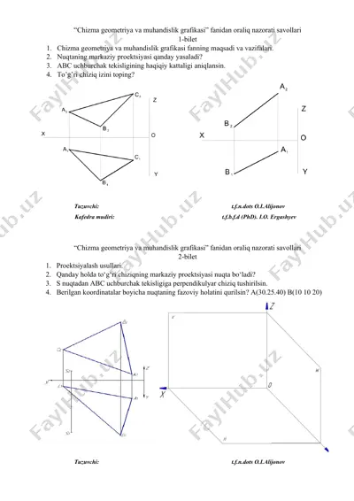chizma geometriya va muhandislik grafikasi fanidan oraliq nazorati savollari — DOCX