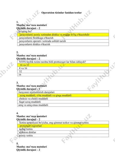operatsion tizimlar fanidan testlar — DOCX