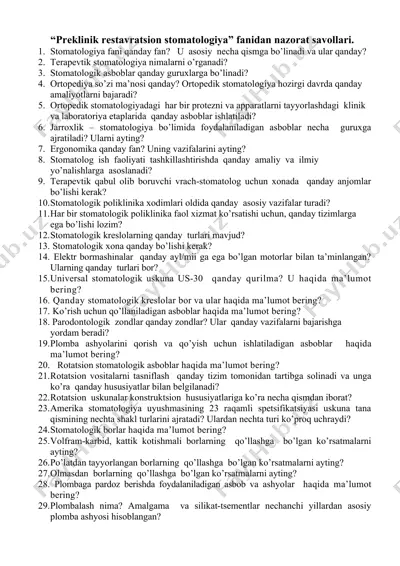 preklinik restavratsion stomatologiya fanidan nazorat savollari — DOCX