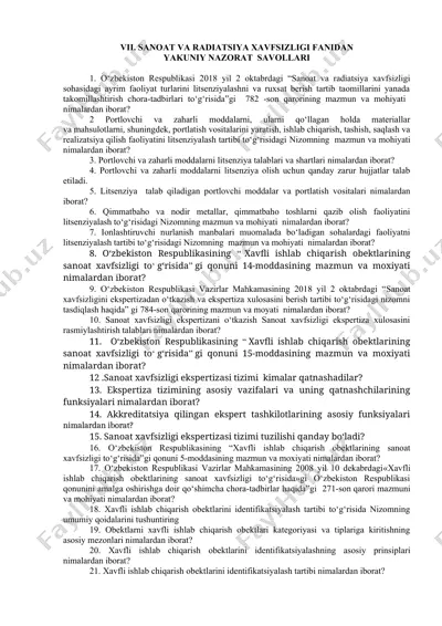 san'at va radiatsiya xavfsizligi fanidan yakuniy nazorat savollari — DOCX