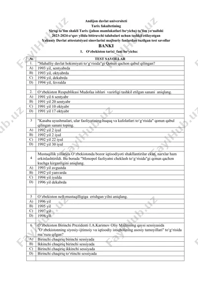 o‘zbekiston tarixi test savollari — DOCX