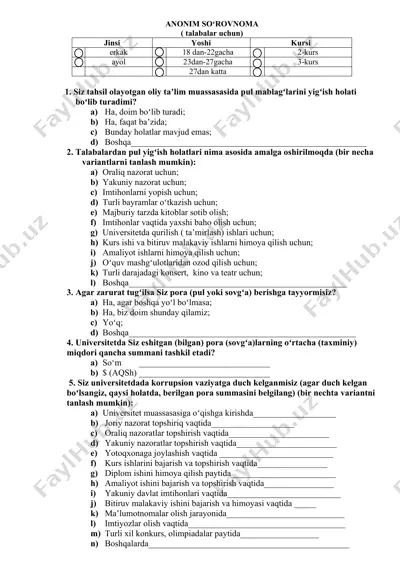 anonim so‘rovnoma — DOCX
