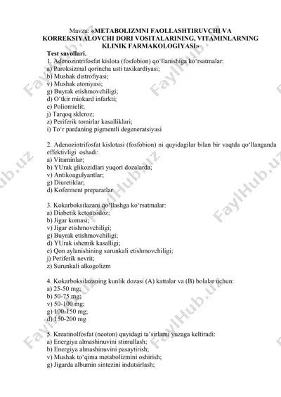 metabolizmni faollashtiruvchi va korreksiyalovchi dori vositalarining, vitaminlarning klinik farmakologiyasi — DOCX