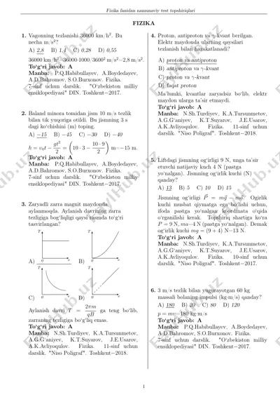 fizika fanidan namunaviy test topshiriqlari — PDF