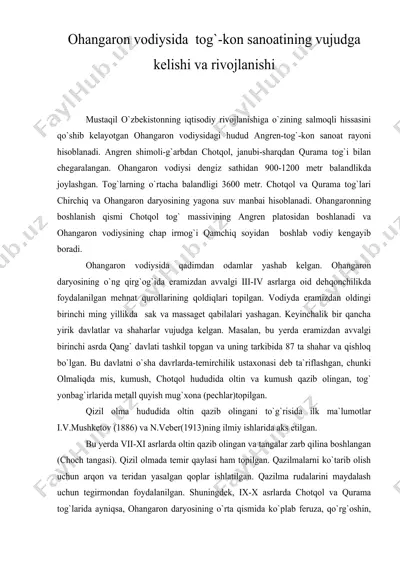 ohangaron vodiysida tog`-kon sanoatining vujudga kelishi va rivojlanishi — DOC
