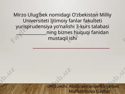 yuridik shaxs tashkil etgan holda amalga oshiriladigan tadbirkorlik subyektlarining majburiyatlar bo‘yicha javobgarligining o‘zaro o‘xshash hamda farqli jihatlari — PPTX