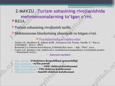 turizm sohasining rivojlanishida mehmonxonalarning to‘tgan o‘rni — PPT