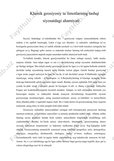 klassik geosiyosiy ta`limotlarning tashqi siyosatdagi ahamiyati — DOC