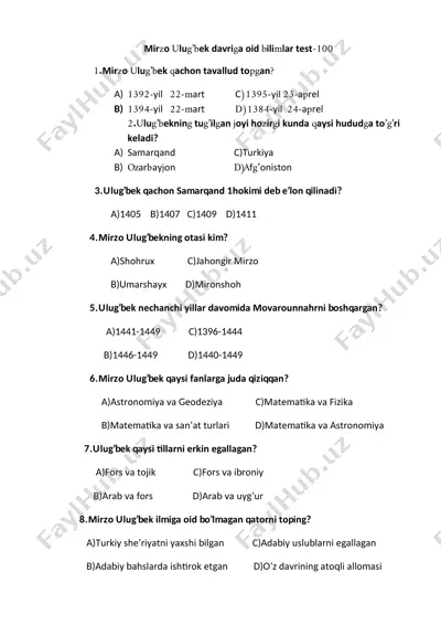mirzo ulug’bek davriga oid bilimlar test-100 — DOCX