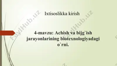 achish va bijg'ish jarayonlarining biotexnologiyadagi o'rni — PPTX