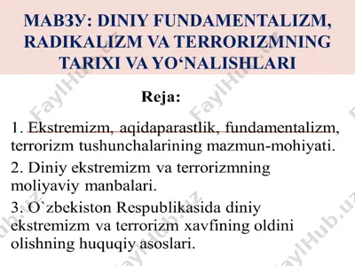 diniy fundamentalizm, radikalizm va terrorizmning tarixi va yo‘nalishlari — PPT