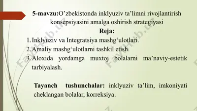 o’zbekistonda inklyuziv ta’limni rivojlantirish konsepsiyasini amalga oshirish strategiyasi — PPTX