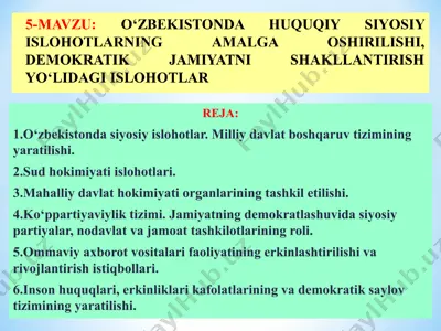 o‘zbekistonda huquqiy siyosiy islohotlarning amalga oshirilishi — PPT