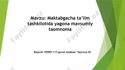 maktabgacha ta'lim tashkilotida yagona mavsumiy taomnomasi — PPTX