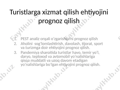 turistlar uchun xizmat qilish ehtiyojlari va prognoz qilish — PPTX