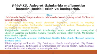 axborot tizimlarida ma’lumotlar bazasini tashkil etish va boshqarish. — PPT