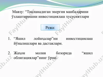 яшил лойиҳаларни инвестициялаш йўналишлари ва дастаклари — PPTX